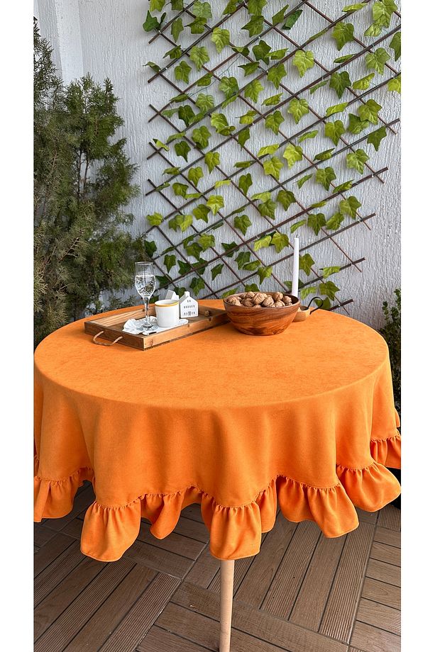 Soft Kumaş Turuncu Fırfırlı Vintage Yuvarlak Dertsiz Masa Örtüsü - 5
