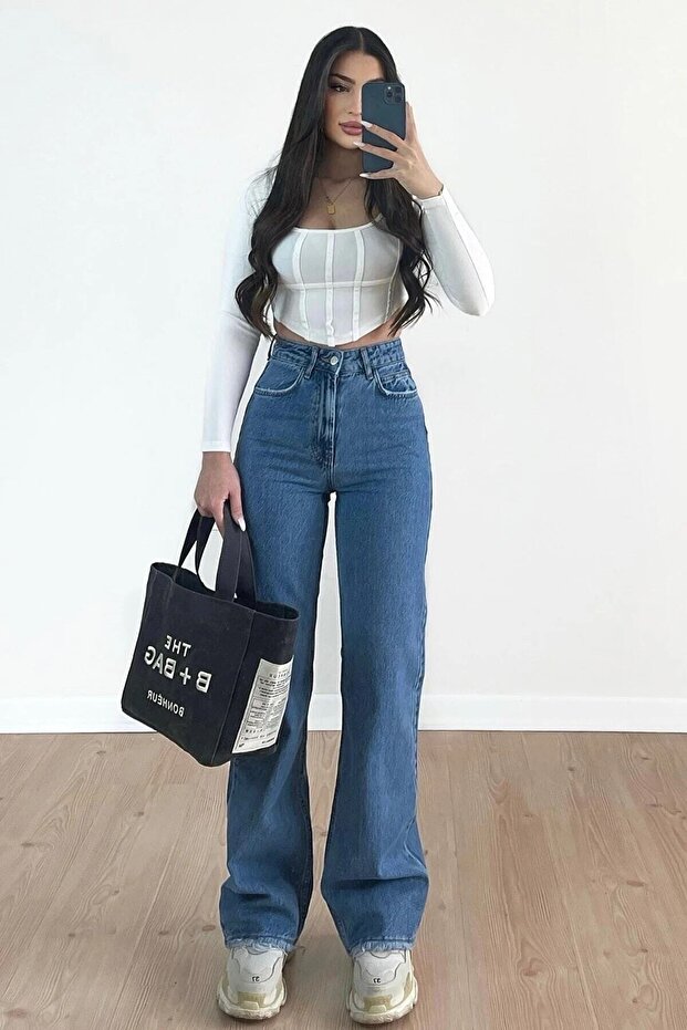 Christian 90's Mid Blue Stretch Fabric Palazzo Loose-Leg Super High-Waist Jeans