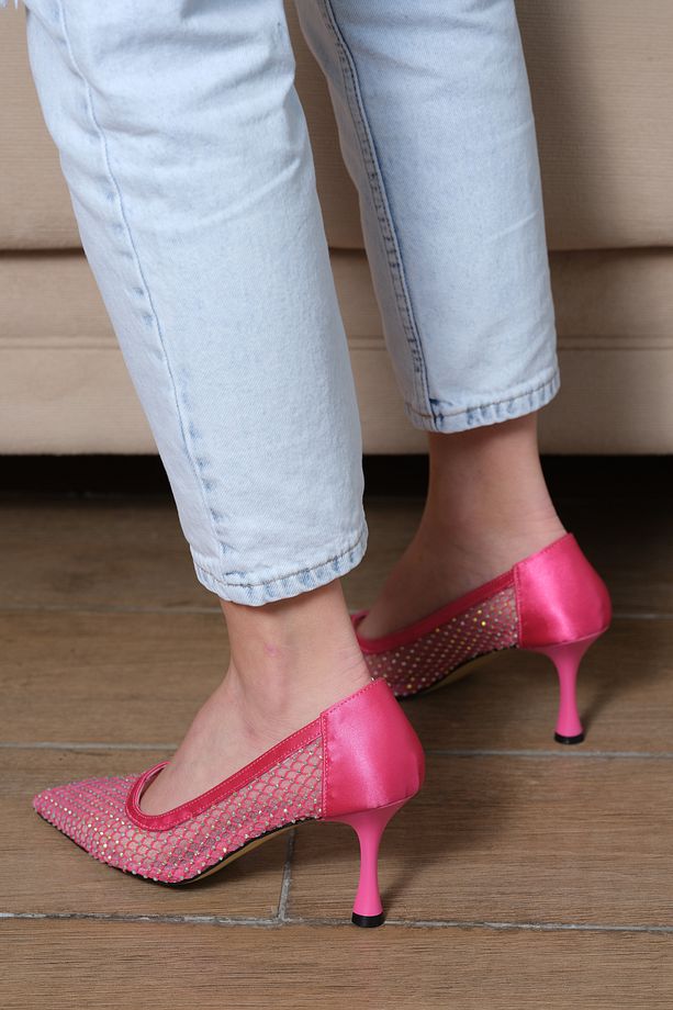 Mesh Pembe File Taş Detaylı Stiletto - 2