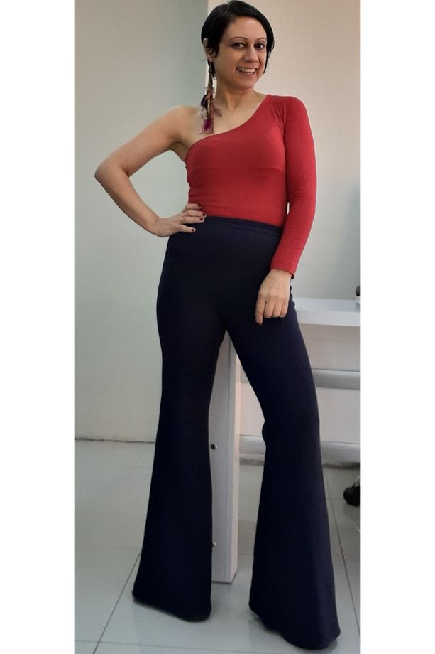 Lacivert beli lastikli İspanyol paça örme pantolon - 3