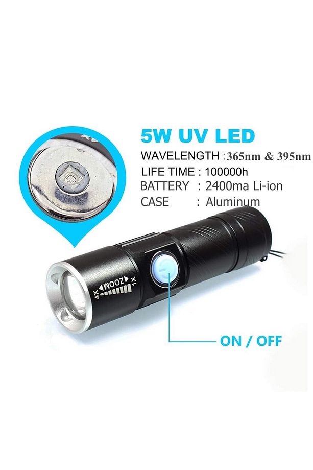 Ultraviyole USB Şarjlı 395nm Değerli Taş & Epoksi Led Fener - 4