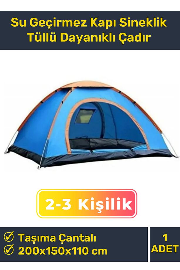Premium Su Geçirmez Kapı Sineklik Tüllü Dayanıklı Kumaş Pratik Kolay Kurulum 2-3 Kişilik Kamp Çadırı - 1