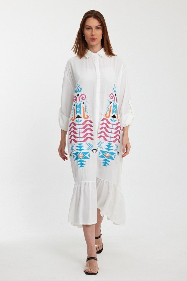 Women's Black Ethnic Embroidery Detailed Foldable Long Sleeve Shirt Dress
