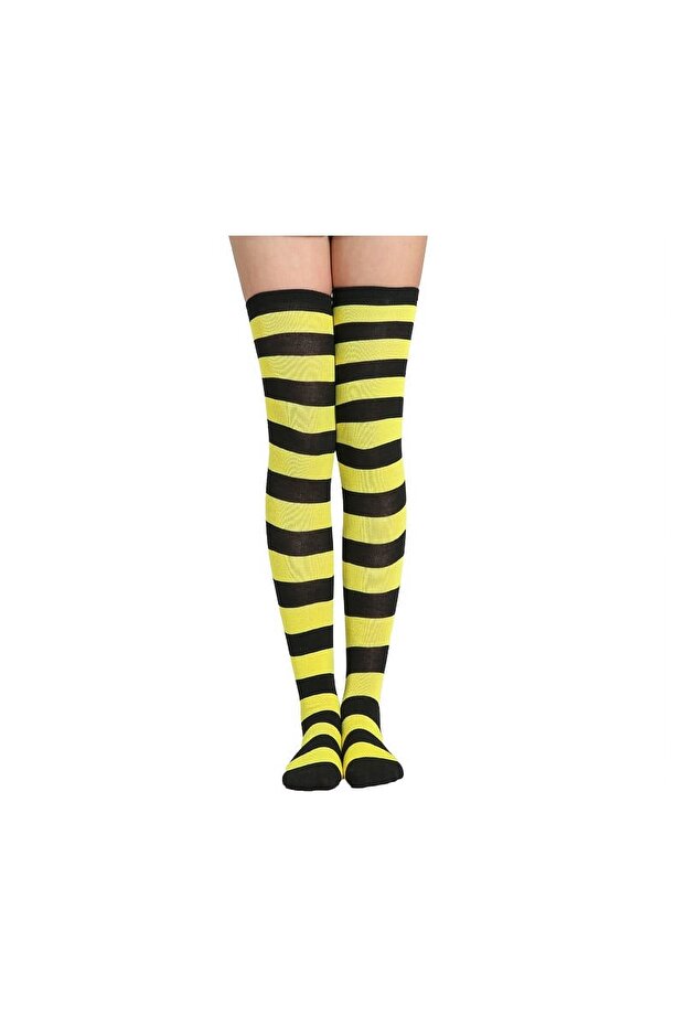 Women's Yellow Black Striped Quality Cotton Knee High Socks