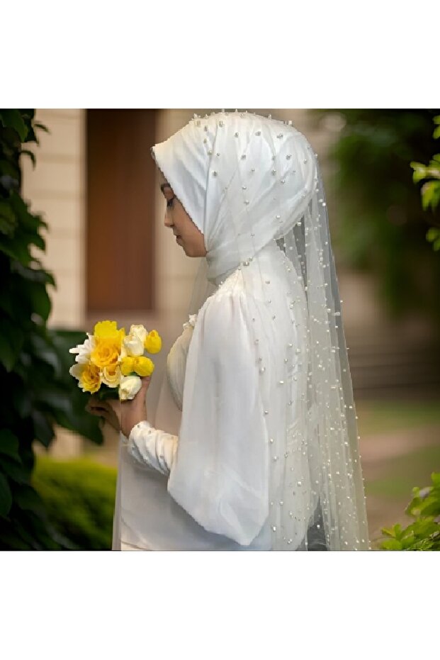 Hijab 3 Meters Off-White Nun Veil with Pearls - Elegant and Stylish Design