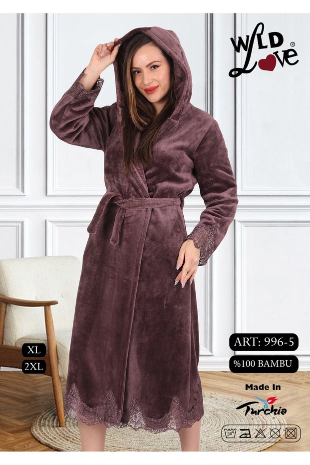 Women's Hooded Lace 100% Bamboo Dressing Gown