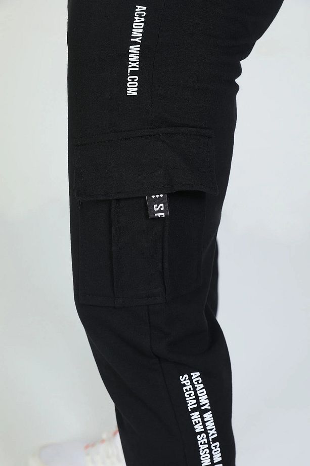 Unisex Siyah Komando Cep Baskılı Jogger - 5