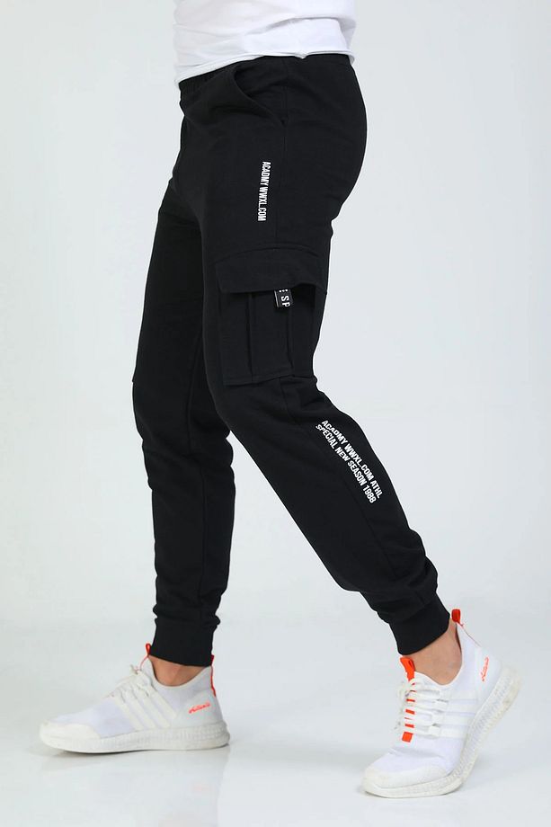 Unisex Siyah Komando Cep Baskılı Jogger - 1