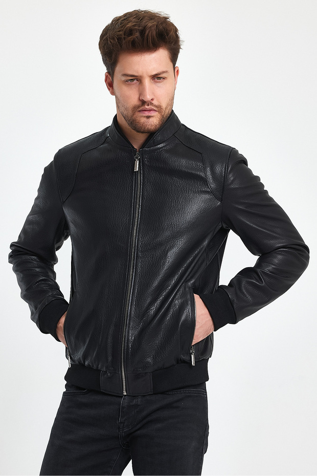 Black Men's Genuine Jumbo Leather Jacket with College Collar Waist and Sleeves Knitwear
