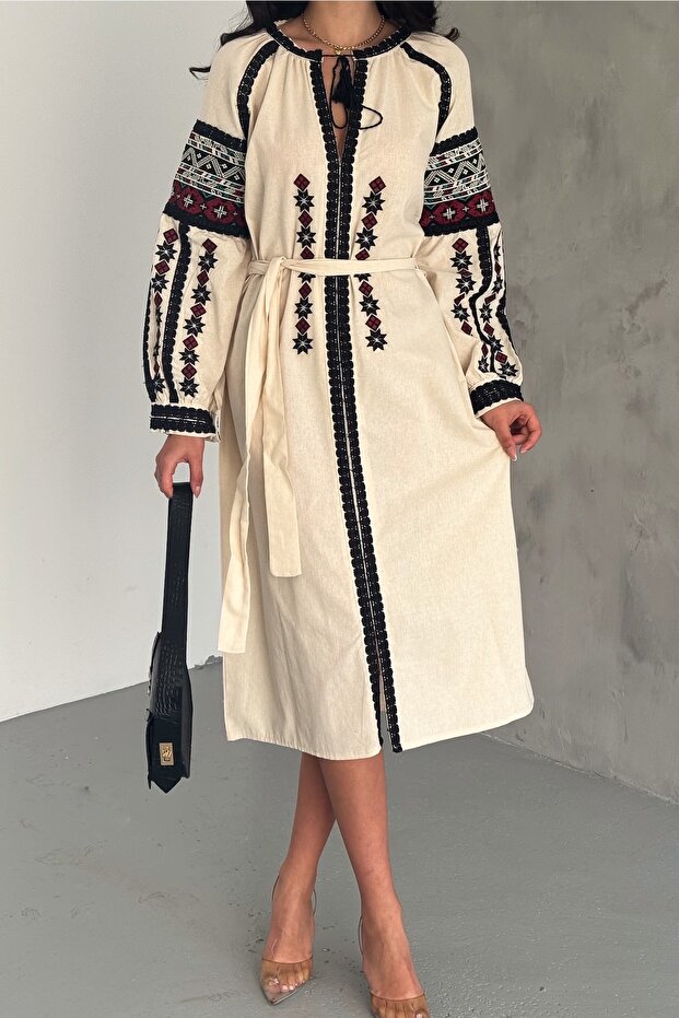 Women's Beige Belted Embroidered Dress