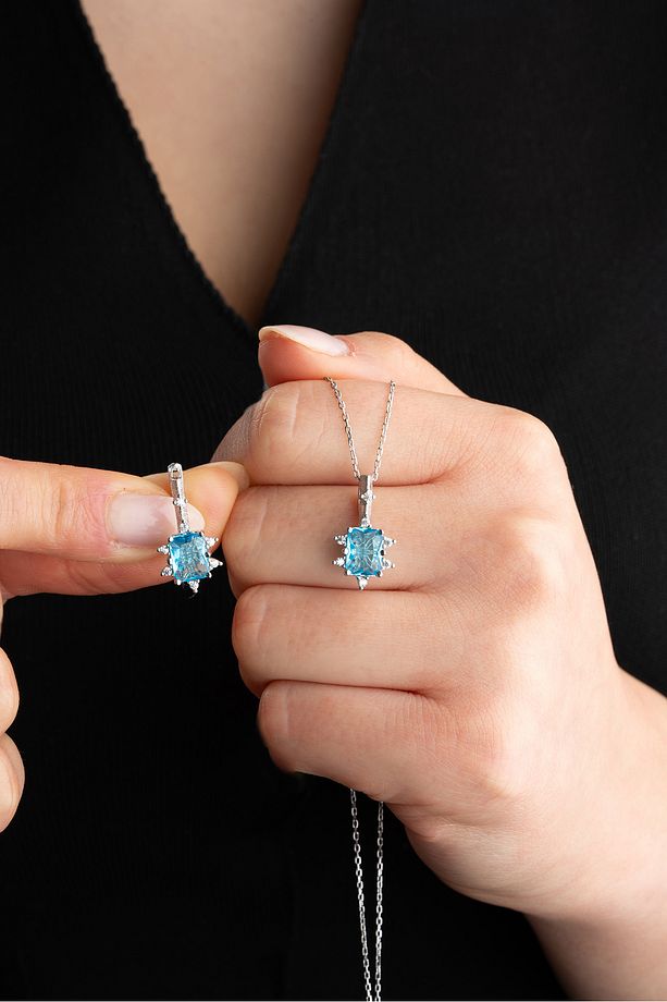 925 Ayar Gümüş Aquamarin Baget Taşlı Küpe Ve Kolye Set - 1