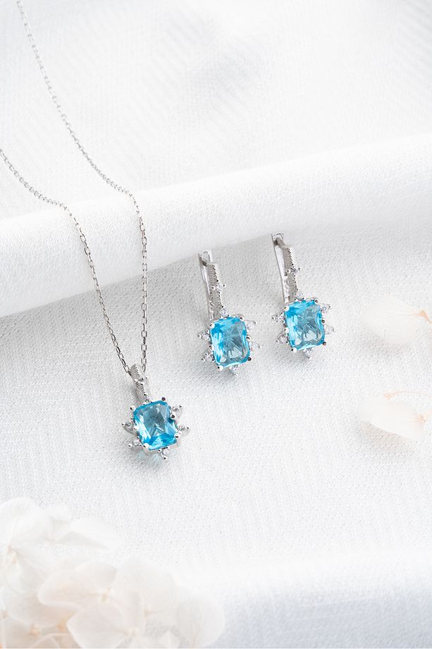925 Ayar Gümüş Aquamarin Baget Taşlı Küpe Ve Kolye Set - 2