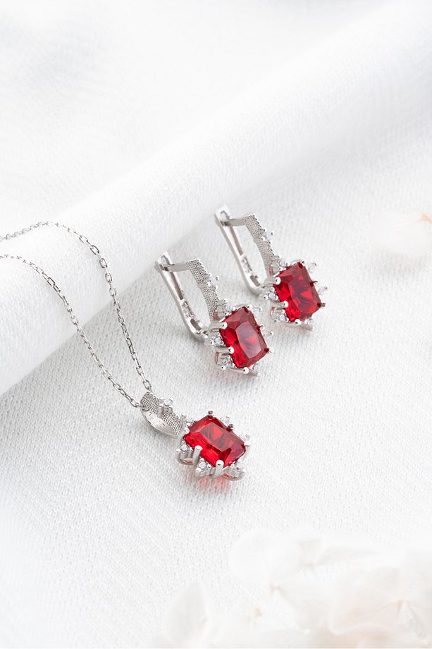 925 Ayar Gümüş Bordo Baget Taşlı Küpe Ve Kolye Set - 4