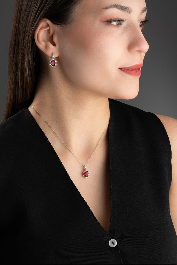 925 Ayar Gümüş Bordo Baget Taşlı Küpe Ve Kolye Set - 5