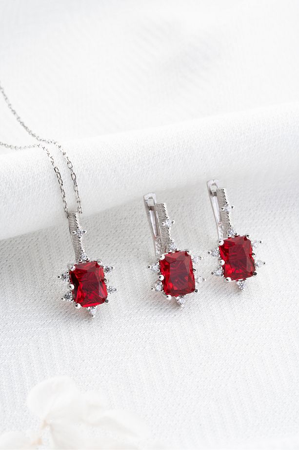 925 Ayar Gümüş Bordo Baget Taşlı Küpe Ve Kolye Set - 6