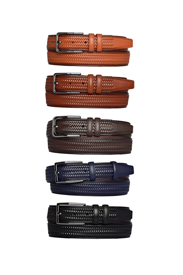 %100 Hakiki Deri, 5'liMükemmel Set, Örgü Baskılı Kumaş Pantolon Kemeri 3.5 Cm_örgü.bas - 1