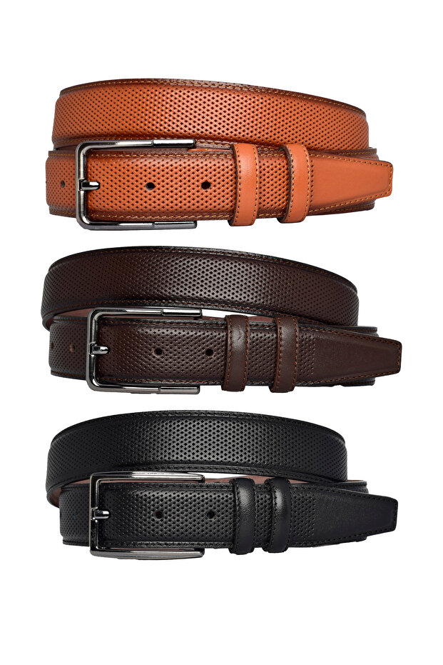 %100 Hakiki Deri, 3'lü Set Siyah, Açık taba, Koyu Kahve Dikişli Kumaş Pant. Kemeri 3.5 Cm_noktalı - 3