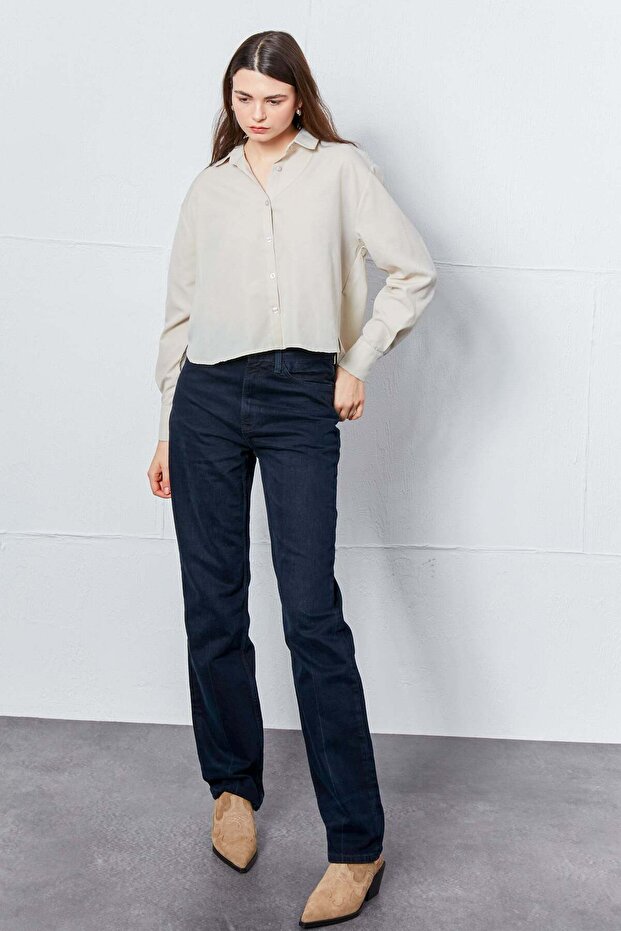 Ekru Oval Kesim Basic Gömlek - 3