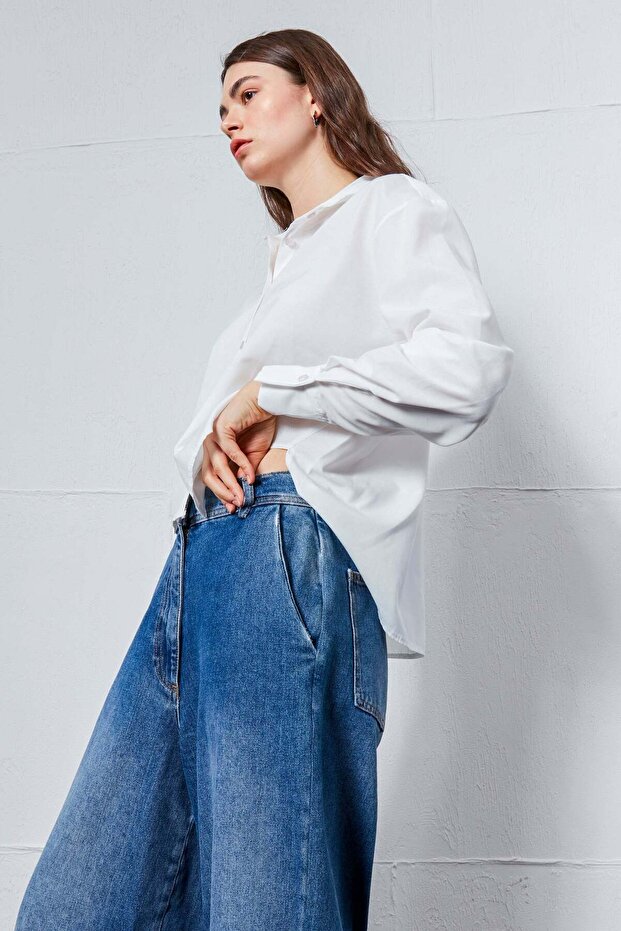 Beyaz Oval Kesim Basic Gömlek - 2