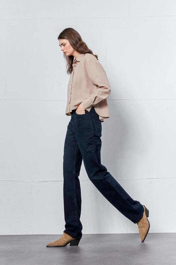 Bej Oval Kesim Basic Gömlek - 5