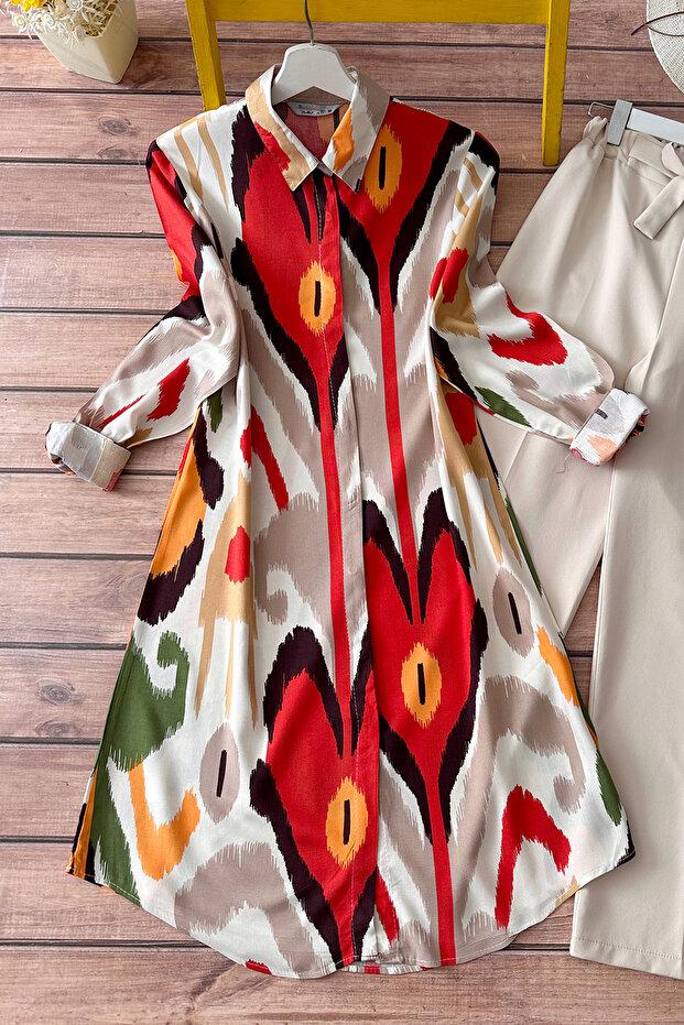 Batik Patterned Viscose Tunic - Mink - 1