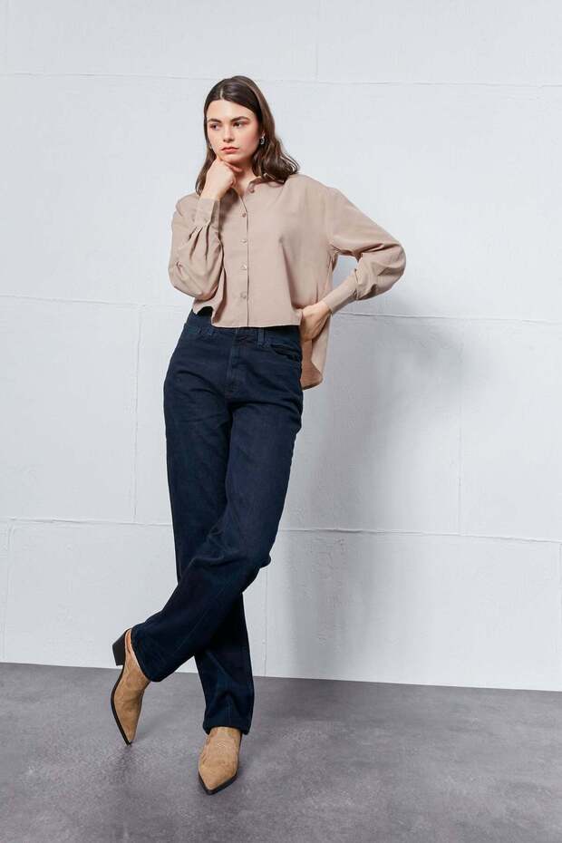 Bej Oval Kesim Basic Gömlek - 2