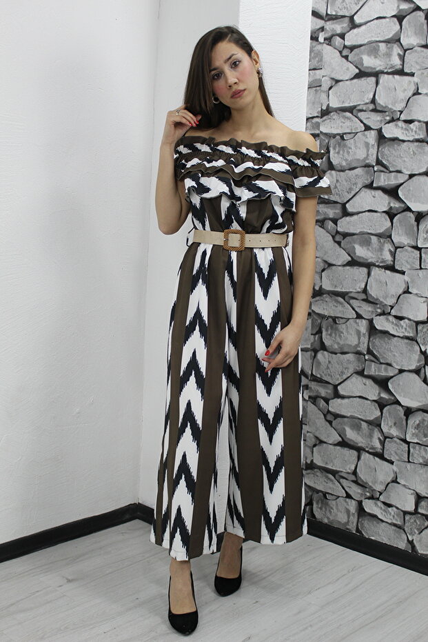 Women's Colorful Crepe Fabric Madonna Collar Geometric Pattern Two Color Belted Jumpsuit Dress