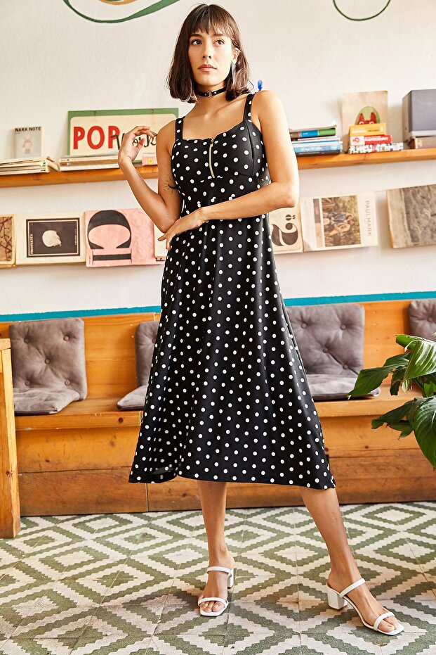 Kadın Siyah Puantiyeli Fermuarlı Büyük Palmiye Desenli Elbise ELB-19000615 - 5