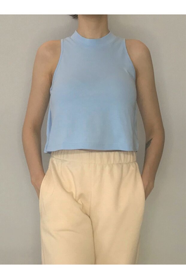 Women's Blue Sleeveless Stand Collar 100% Cotton Crop T-shirt