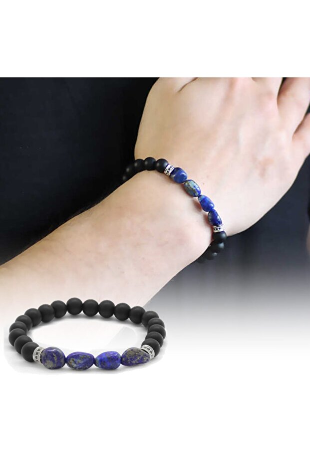 Black Blue Sphere Cut Onyx-natural Form Lapis Natural Stone Bracelet