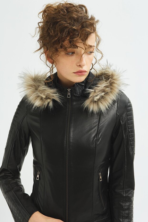 Kadın Siyah Deri Mont - 2