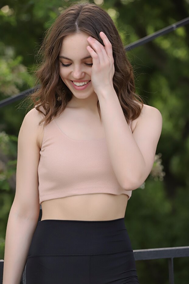 Krem Askılı Fitilli Örme Crop Tshirt - 2