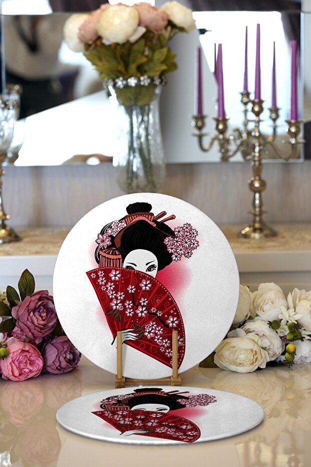 2-Piece Red Fan Shaman Japanese Women's Digital Printed Modern Round Charger & Placemat