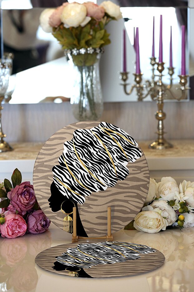 2-Piece Modern Round Placemat & Placemat with Black Women's Design on Mink Floor