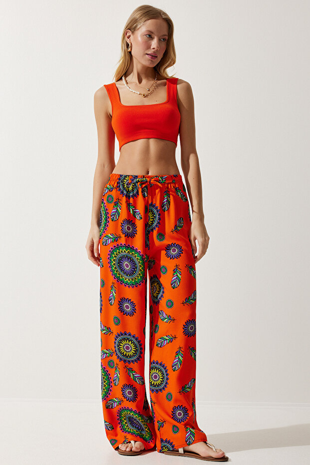 Women's Orange Purple Patterned Flowing Viscose Palazzo Trousers EN00606