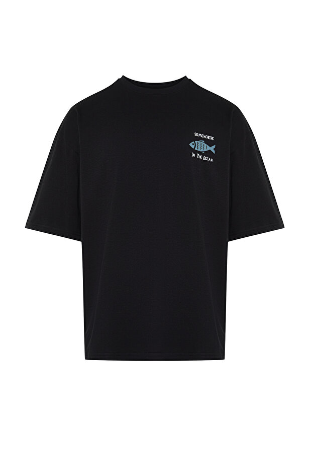 Siyah Oversize/Geniş Kesim %100 Pamuklu Kadife Doku Baskılı T-Shirt TMNSS22TS0318 - 9