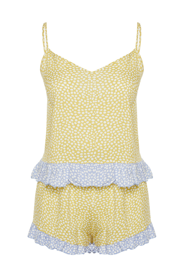 Sarı-Çok Renkli Puantiyeli Fırfırlı İp Askılı Viskon Şortlu Dokuma Pijama Takımı THMSS24PT00124 - 7