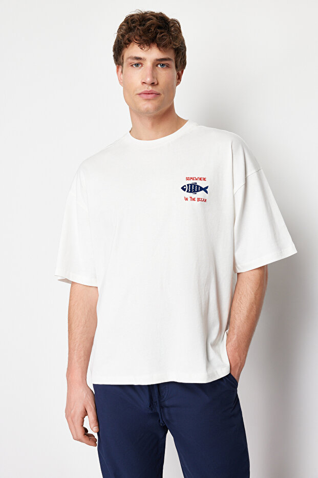 Ekru Oversize/Geniş Kesim %100 T-Shirt TMNSS22TS0318 - 7