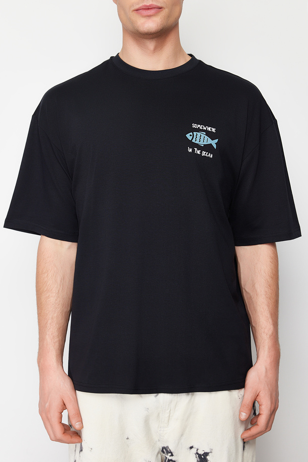 Siyah Oversize/Geniş Kesim %100 Pamuklu Kadife Doku Baskılı T-Shirt TMNSS22TS0318 - 7