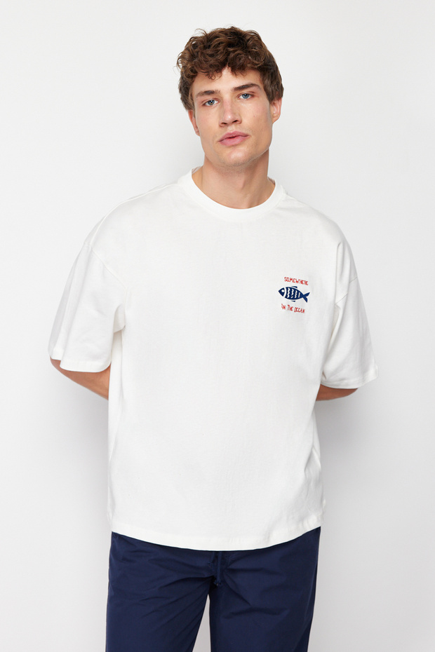 Ekru Oversize/Geniş Kesim %100 T-Shirt TMNSS22TS0318 - 5