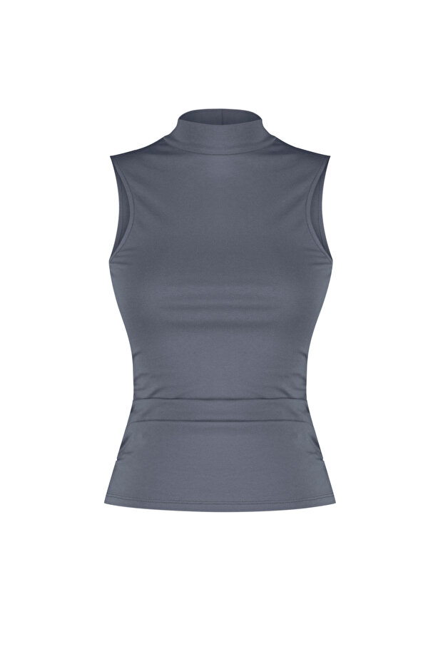 بلوزة أنثراسايت سادة بياقة عالية وأكمام عادية TWOSS24BZ00406 - 7