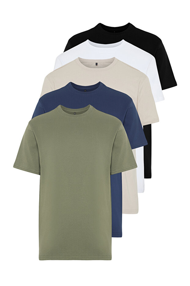 Unisex Siyah-Beyaz-Taş- Haki-Lacivert 5'li Paket Regular Basic %100 Pamuk T-Shirt TMNSS24TS00082 - 2