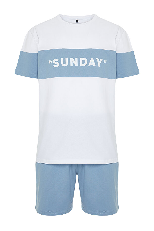 Mavi Regular Fit Slogan Baskılı Örme Şortlu Pijama Takımı TMNSS24PT00002 - 8