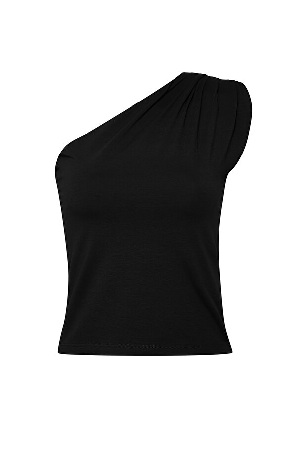 Siyah Asimetrik Tek Omuz Vatkalı Esnek  Örme Bluz TWOSS24BZ00133 - 7