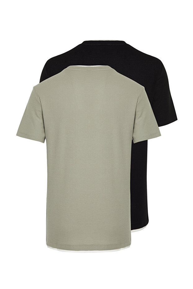 Siyah-Mint Regular/Normal Kesim 2'li Paket Dokulu %100 Pamuklu T-Shirt TMNSS24TS00097 - 2