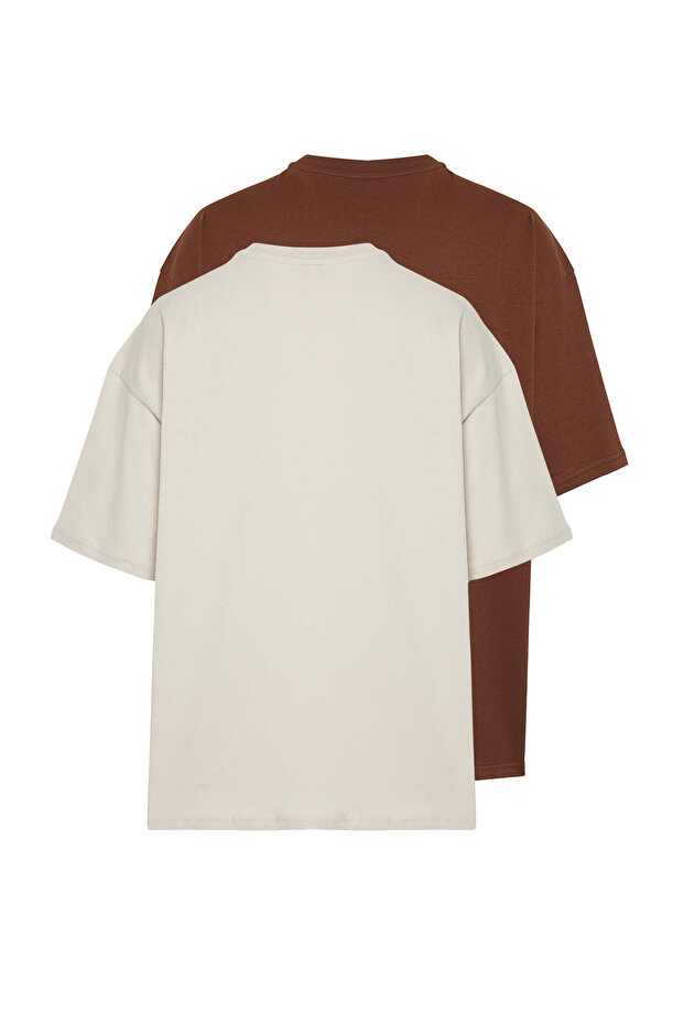 Kahverengi-Taş Oversize 2'li Paket Basic %100 Pamuklu T-Shirt TMNSS24TS00038 - 3