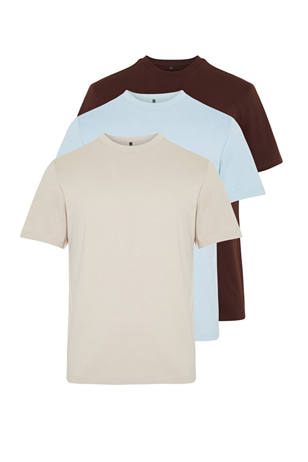 Koyu Kahverengi-Taş-Açık Mavi Slim/Dar Kesim Bisiklet Yaka %100 Pamuklu 3'lü T-Shirt TMNSS19BO0007 - 2