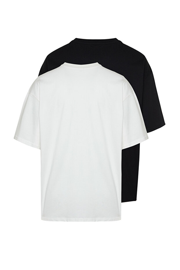 Unisex Siyah-Ekru Oversize 2'li Paket Basic %100 Pamuklu T-Shirt TMNSS24TS00038 - 3
