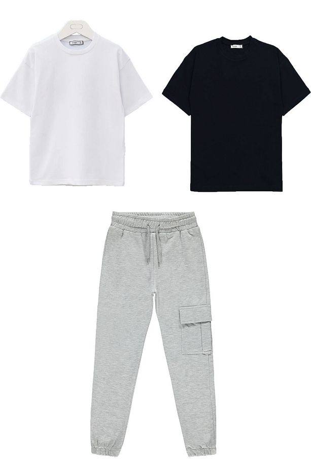 Yağtu 3 parça kız erkek set 1 adet kargo cep eşofman altı 2 adet basic t-shirt 7-14 yaş - 1