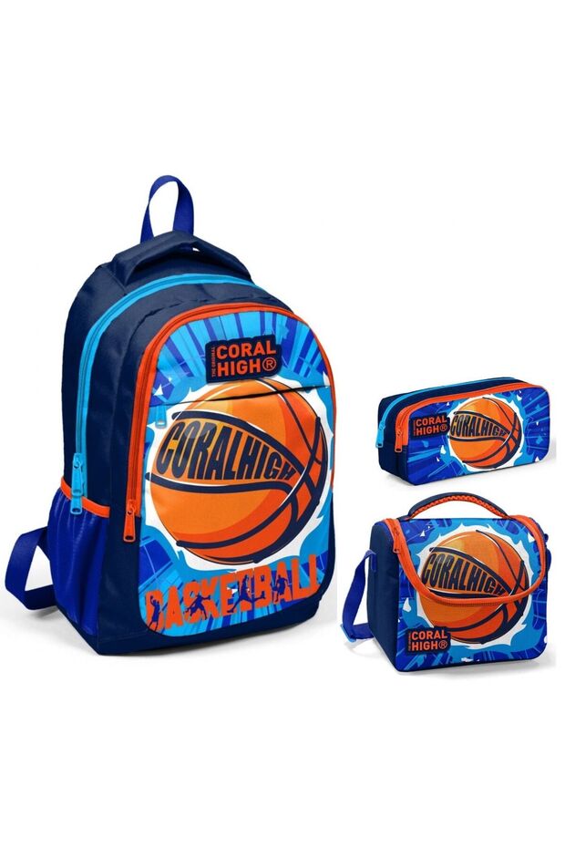 Navy Blue Orange Basketball Triple Primary School School Bag Set